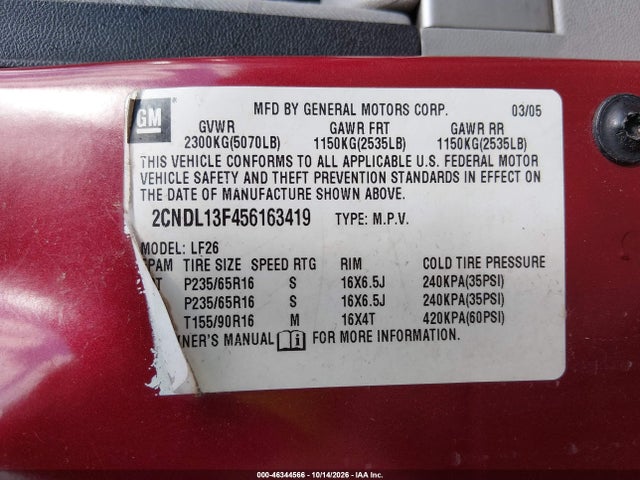Aukcja sprzedaży 2005 Chevrolet Equinox Ls, vin: 2CNDL13F456163419, numer aukcji: 46344566