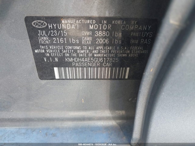 46344574 :رقم المزاد ، KMHDH4AE5GU617825 vin ، 2016 Hyundai Elantra Se مزاد بيع