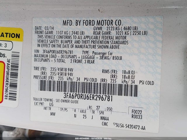 46344590 :رقم المزاد ، 3FA6P0RU6ER296781 vin ، 2014 Ford Fusion Hybrid Titanium مزاد بيع