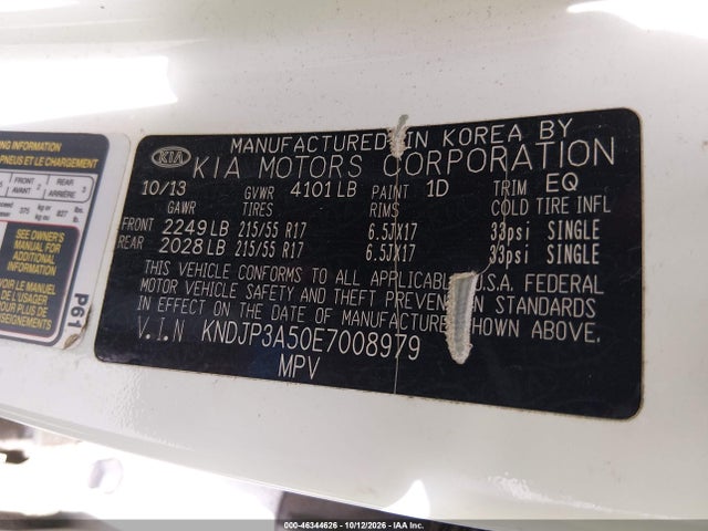 46344626 :رقم المزاد ، KNDJP3A50E7008979 vin ، 2014 Kia Soul + مزاد بيع