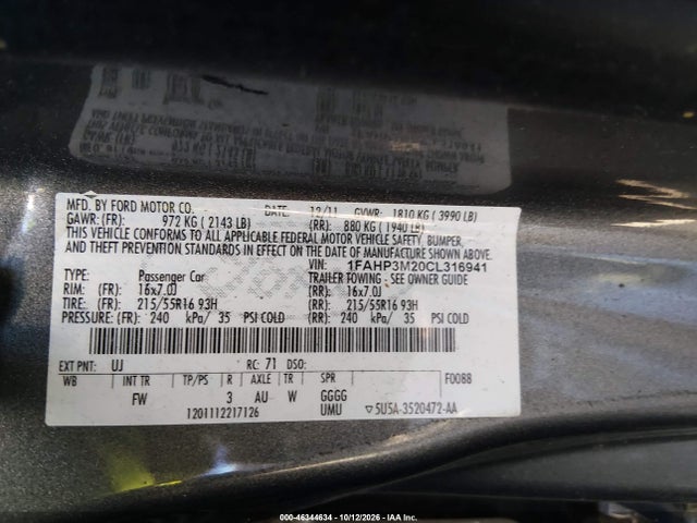Aukcja sprzedaży 2012 Ford Focus Sel, vin: 1FAHP3M20CL316941, numer aukcji: 46344634