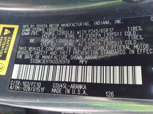 46344636 :رقم المزاد ، 5TDBK3EH1AS026978 vin ، 2010 Toyota Highlander Base V6 مزاد بيع