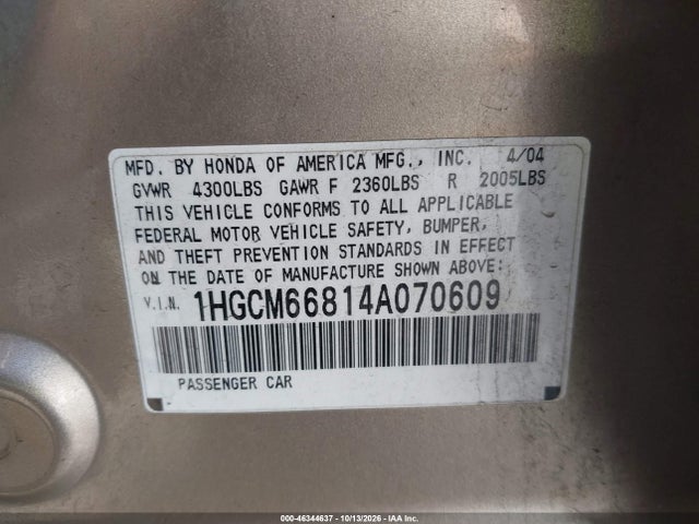 Продаж на аукціоні авто 2004 Honda Accord 3.0 Ex, vin: 1HGCM66814A070609, номер лоту: 46344637