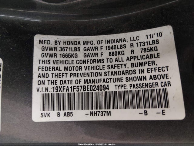 46344656 :رقم المزاد ، 19XFA1F57BE024094 vin ، 2011 Honda Civic Lx مزاد بيع