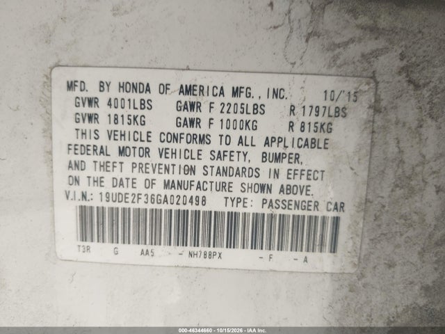 46344660 :رقم المزاد ، 19UDE2F36GA020498 vin ، 2016 Acura Ilx 2.4l/acurawatch Plus Package مزاد بيع