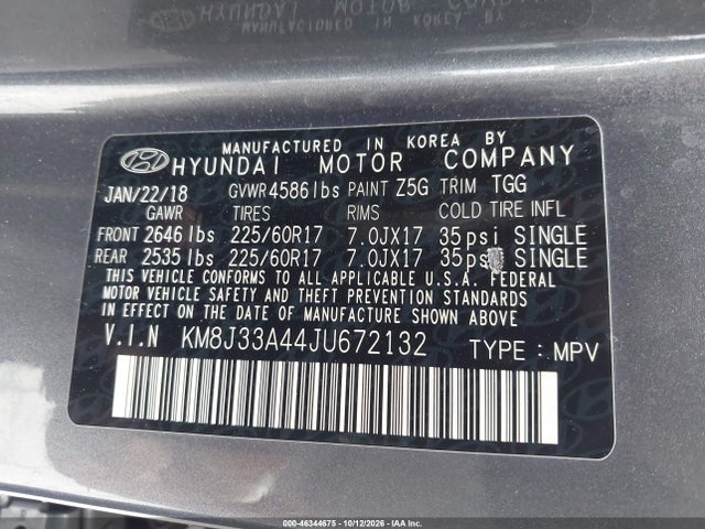 2018 Hyundai Tucson Sel მანქანა იყიდება აუქციონზე, vin: KM8J33A44JU672132, აუქციონის ნომერი: 46344675