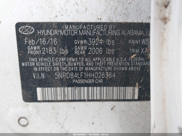 2017 Hyundai Elantra Se მანქანა იყიდება აუქციონზე, vin: 5NPD84LF1HH026364, აუქციონის ნომერი: 46344677