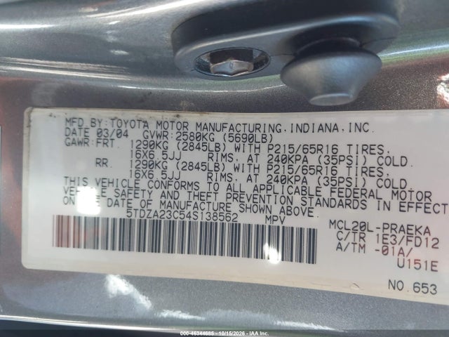46344685 :رقم المزاد ، 5TDZA23C54S138562 vin ، 2004 Toyota Sienna Ce مزاد بيع