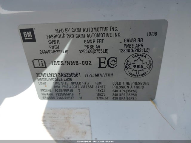 2010 Chevrolet Equinox Lt მანქანა იყიდება აუქციონზე, vin: 2CNFLNEY3A6250561, აუქციონის ნომერი: 46344699