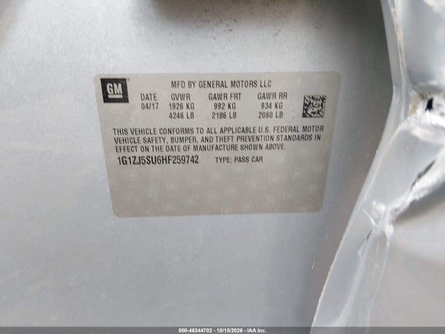 Aukcja sprzedaży 2017 Chevrolet Malibu Hybrid, vin: 1G1ZJ5SU6HF259742, numer aukcji: 46344702