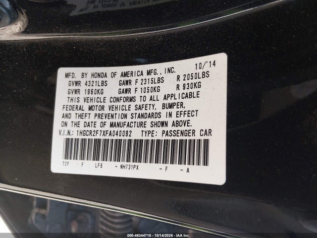 46344718 :رقم المزاد ، 1HGCR2F7XFA040092 vin ، 2015 Honda Accord Ex مزاد بيع
