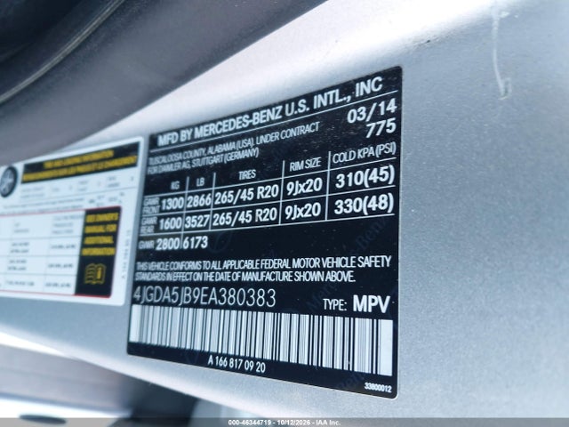 2014 Mercedes-benz Ml 350 მანქანა იყიდება აუქციონზე, vin: 4JGDA5JB9EA380383, აუქციონის ნომერი: 46344719