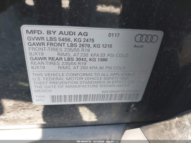 2018 Audi Q5 2.0t Premium/2.0t Tech Premium მანქანა იყიდება აუქციონზე, vin: WA1BNAFY5J2004381, აუქციონის ნომერი: 46344730