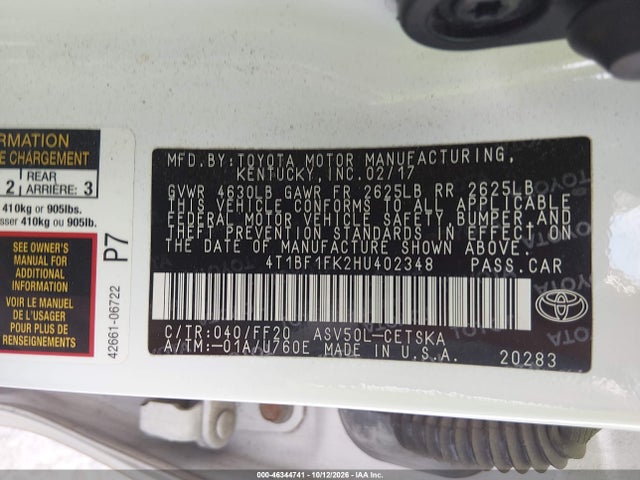 2017 Toyota Camry Se მანქანა იყიდება აუქციონზე, vin: 4T1BF1FK2HU402348, აუქციონის ნომერი: 46344741