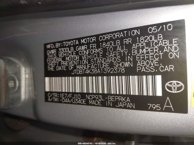 Aukcja sprzedaży 2010 Toyota Yaris, vin: JTDBT4K38A1392378, numer aukcji: 46344743