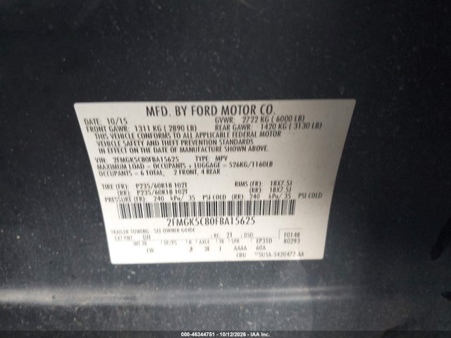 46344751 :رقم المزاد ، 2FMGK5C80FBA15625 vin ، 2015 Ford Flex Sel مزاد بيع