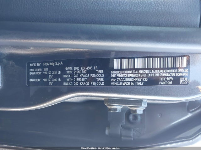 Aukcja sprzedaży 2017 Jeep Renegade Latitude 4x4, vin: ZACCJBBB2HPE51733, numer aukcji: 46344768