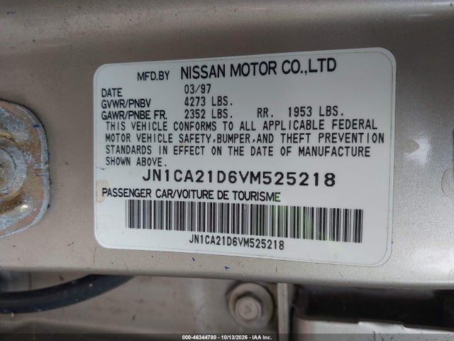 46344780 :رقم المزاد ، JN1CA21D6VM525218 vin ، 1997 Nissan Maxima Gle/gxe/se مزاد بيع