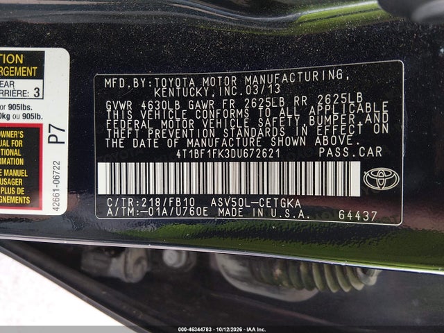 Aukcja sprzedaży 2013 Toyota Camry Xle, vin: 4T1BF1FK3DU672621, numer aukcji: 46344783