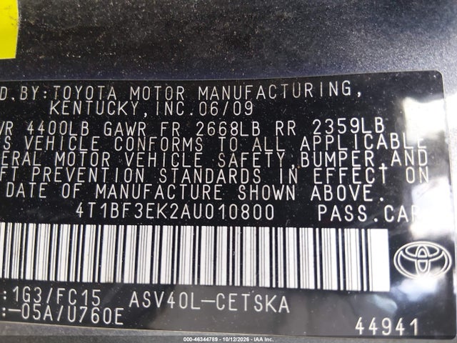 Продаж на аукціоні авто 2010 Toyota Camry Se, vin: 4T1BF3EK2AU010800, номер лоту: 46344789