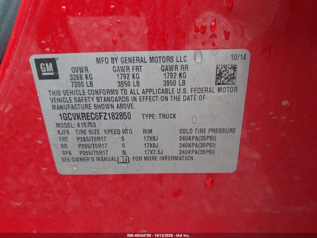 46344795 :رقم المزاد ، 1GCVKREC6FZ182850 vin ، 2015 Chevrolet Silverado 1500 1lt مزاد بيع