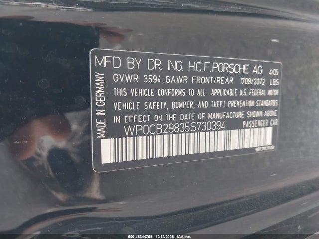 Продаж на аукціоні авто 2005 Porsche Boxster S, vin: WP0CB29835S730394, номер лоту: 46344798
