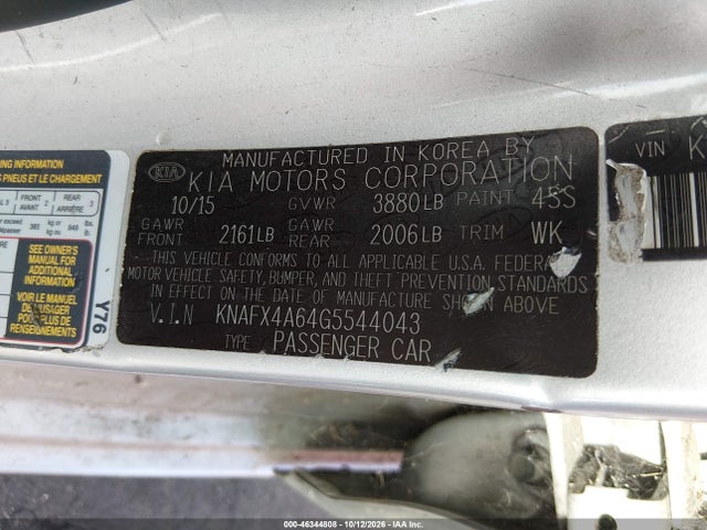 46344808 :رقم المزاد ، KNAFX4A64G5544043 vin ، 2016 Kia Forte Lx مزاد بيع