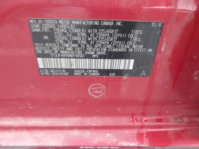 Продаж на аукціоні авто 2011 Toyota Rav4, vin: 2T3JF4DVXBW110567, номер лоту: 46344831