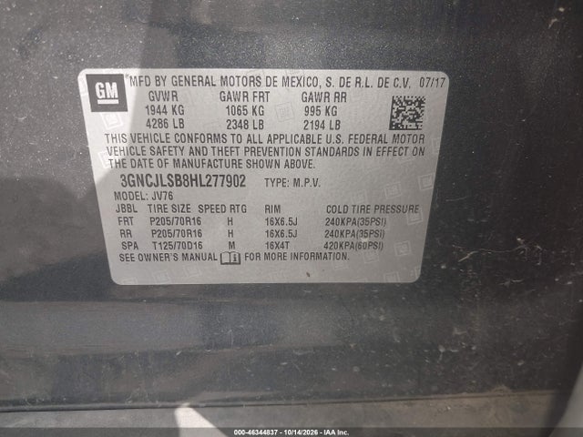 46344837 :رقم المزاد ، 3GNCJLSB8HL277902 vin ، 2017 Chevrolet Trax Lt مزاد بيع