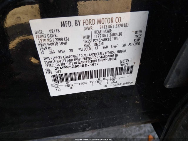 46344842 :رقم المزاد ، 2FMPK3G98JBB71637 vin ، 2018 Ford Edge Se مزاد بيع