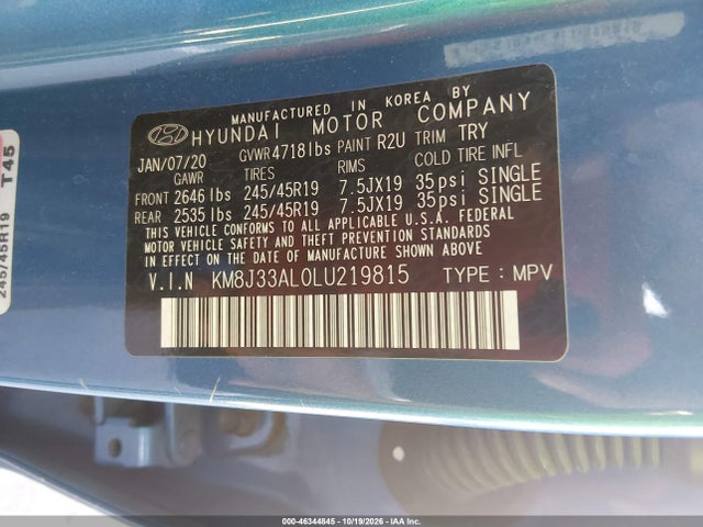Продаж на аукціоні авто 2020 Hyundai Tucson Sport, vin: KM8J33AL0LU219815, номер лоту: 46344845