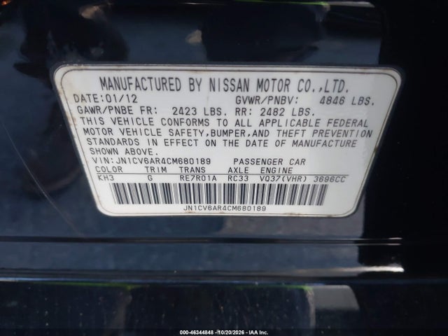 2012 Infiniti G37x მანქანა იყიდება აუქციონზე, vin: JN1CV6AR4CM680189, აუქციონის ნომერი: 46344848
