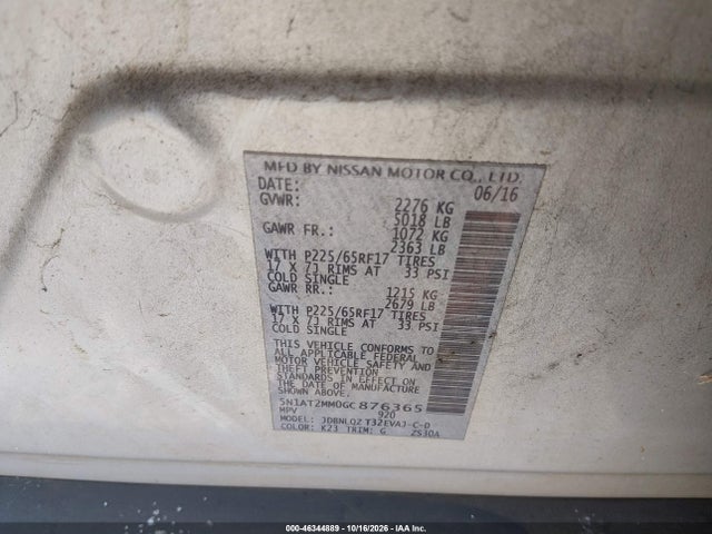 46344889 :رقم المزاد ، 5N1AT2MM0GC876365 vin ، 2016 Nissan Rogue Sv مزاد بيع