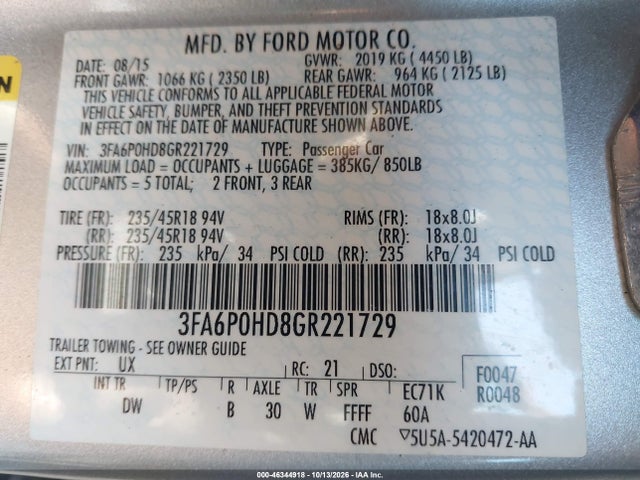 46344918 :رقم المزاد ، 3FA6P0HD8GR221729 vin ، 2016 Ford Fusion Se مزاد بيع