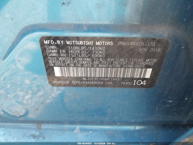 Aukcja sprzedaży 2017 Mitsubishi Mirage G4 Es, vin: ML32F3FJXHHF15437, numer aukcji: 46344921