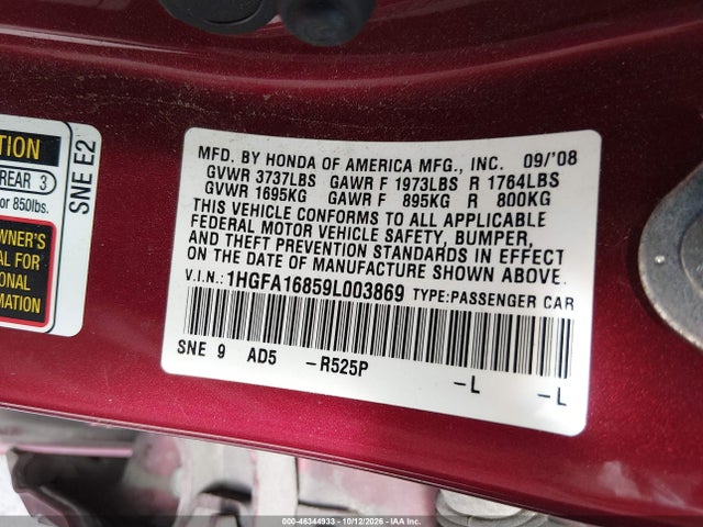 46344933 :رقم المزاد ، 1HGFA16859L003869 vin ، 2009 Honda Civic Ex مزاد بيع