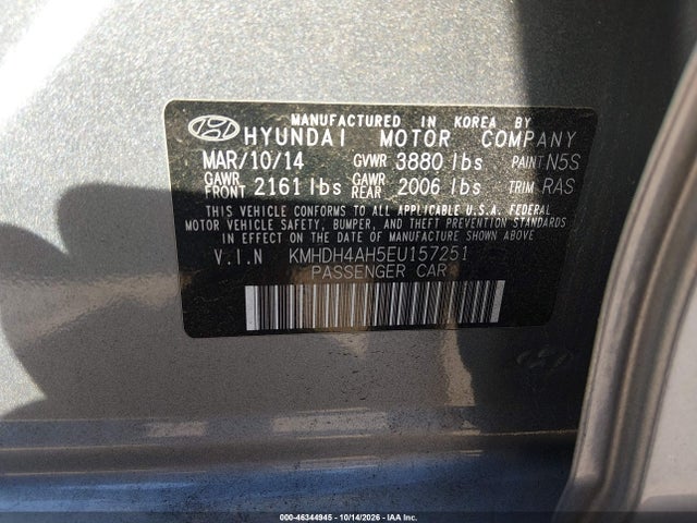 46344945 :رقم المزاد ، KMHDH4AH5EU157251 vin ، 2014 Hyundai Elantra Sport مزاد بيع