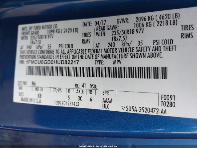 Продажа на аукционе авто 2017 Ford Escape Se, vin: 1FMCU0GD0HUD82217, номер лота: 46344949