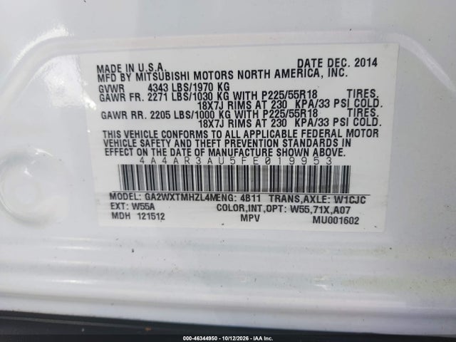 Продаж на аукціоні авто 2015 Mitsubishi Outlander Sport Es, vin: 4A4AR3AU5FE019953, номер лоту: 46344950