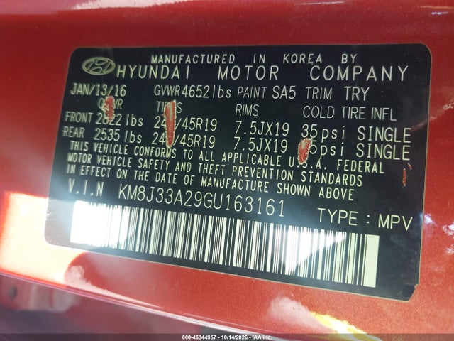 Продаж на аукціоні авто 2016 Hyundai Tucson Limited, vin: KM8J33A29GU163161, номер лоту: 46344957
