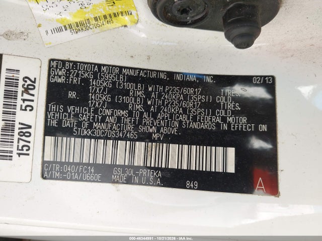 46344991 :رقم المزاد ، 5TDKK3DC7DS347465 vin ، 2013 Toyota Sienna Le V6 8 Passenger مزاد بيع