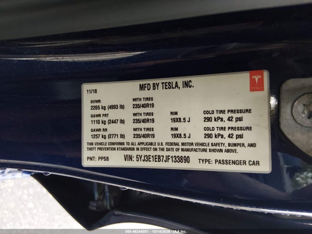 Продаж на аукціоні авто 2018 Tesla Model 3 Long Range/performance, vin: 5YJ3E1EB7JF133890, номер лоту: 46345001