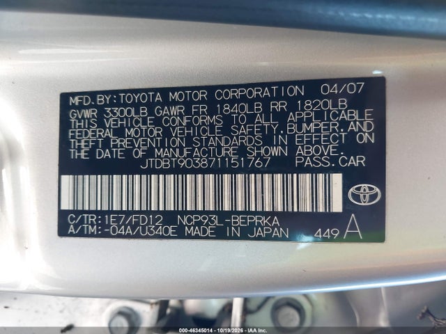46345014 :رقم المزاد ، JTDBT903871151767 vin ، 2007 Toyota Yaris مزاد بيع
