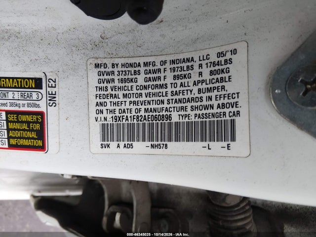 Продажа на аукционе авто 2010 Honda Civic Ex, vin: 19XFA1F82AE060896, номер лота: 46345025