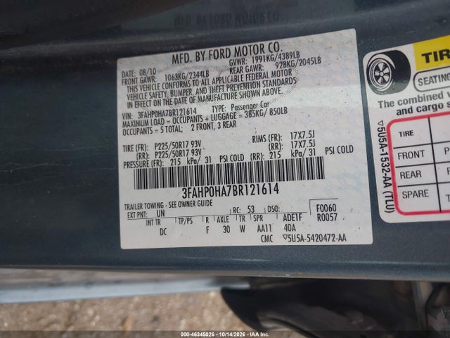 Aukcja sprzedaży 2011 Ford Fusion Se, vin: 3FAHP0HA7BR121614, numer aukcji: 46345026