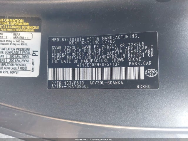 46345037 :رقم المزاد ، 4T1CE30P97U754137 vin ، 2007 Toyota Camry Solara Se مزاد بيع