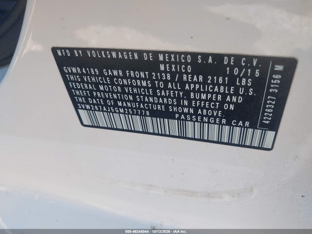 Продажа на аукционе авто 2016 Volkswagen Jetta 1.4t S, vin: 3VW267AJ5GM257778, номер лота: 46345044