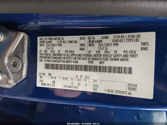 Продажа на аукционе авто 2017 Ford Escape Se, vin: 1FMCU9GD7HUB51108, номер лота: 46345052