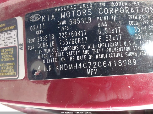 Продаж на аукціоні авто 2012 Kia Sedona Ex, vin: KNDMH4C72C6418989, номер лоту: 46345056