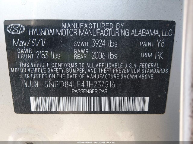 Aukcja sprzedaży 2018 Hyundai Elantra Sel, vin: 5NPD84LF4JH237516, numer aukcji: 46345065